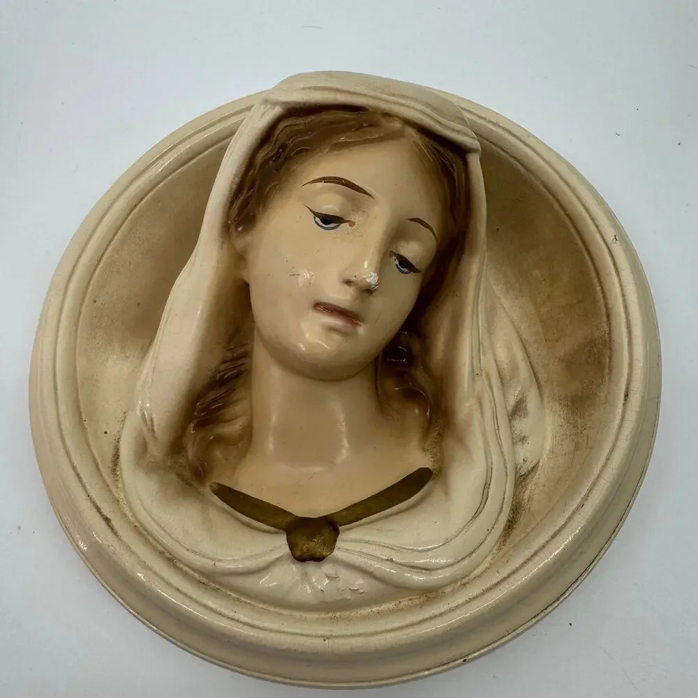 Vintage Virgin Mary Madonna Chalkware Wall Plaque Catholic Religious Art 6